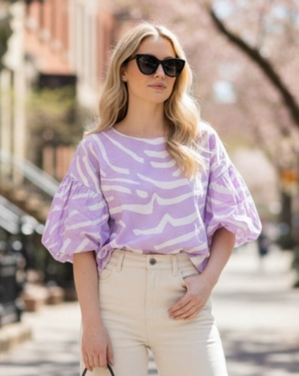 Oliphant Top Purple Zebra Striped Puff Sleeve Blouse 100% Cotton